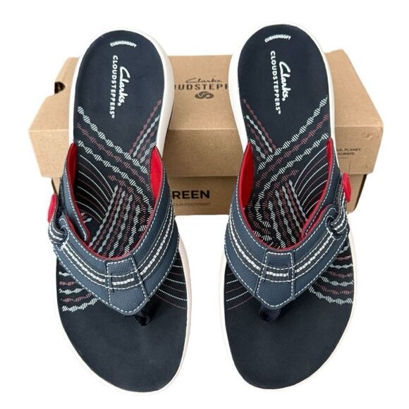 Clarks Cloudsteppers Sunmaze Tide Navy Sandals Flip Flops Red, White & Blue - Picture 3 of 9